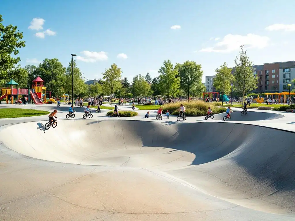 Kinderen fietsen en steppen op moderne betonnen pumptrack met speeltuin, families kijken toe in zonnige buitenruimte