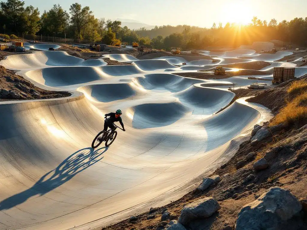 Mountainbiker in beschermende uitrusting rijdt over moderne betonnen pumptrack met vloeiende bochten tijdens gouden uur