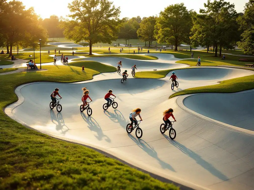 Diverse kinderen rijden BMX-fietsen en steps op betonnen pumptrack in park, families kijken toe vanuit zonnige middag