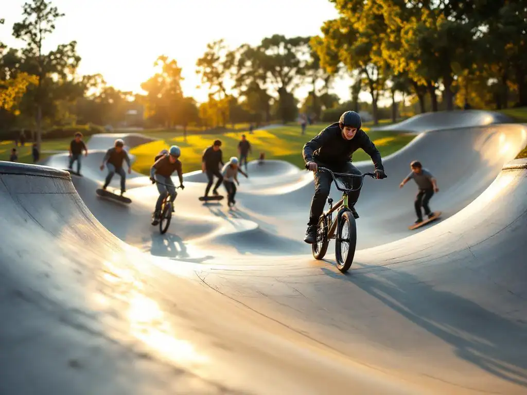 Tieners rijden BMX en skateboard op betonnen pumptrack in park tijdens gouden uur met warme natuurlijke belichting