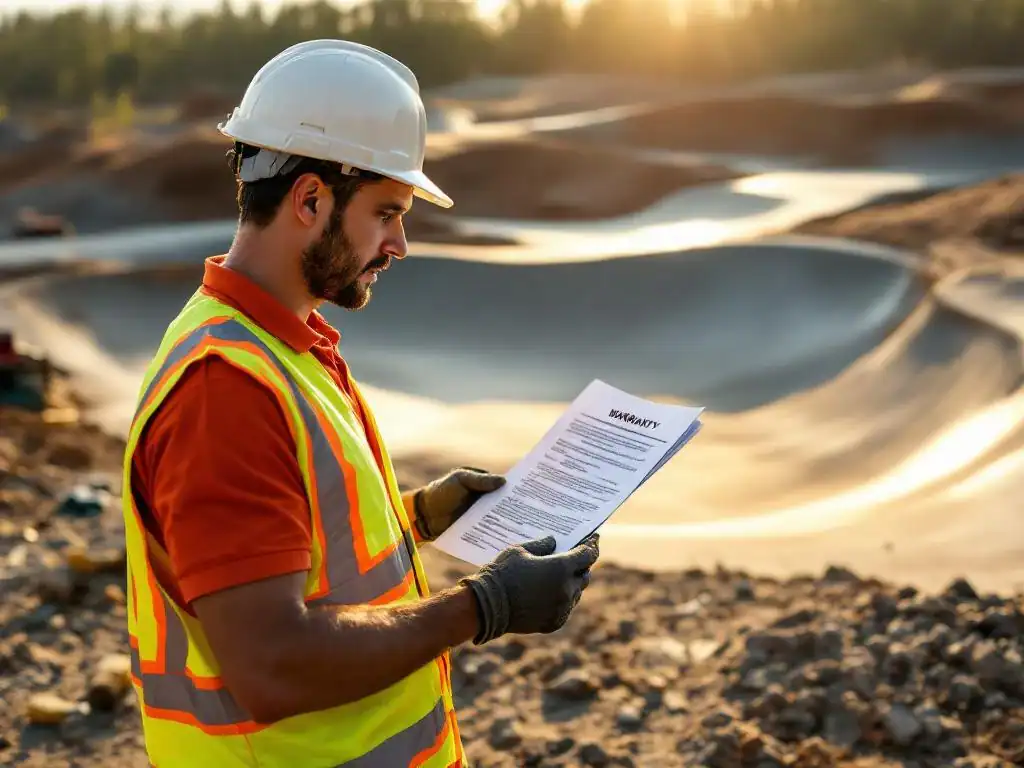 Bouwvakker in veiligheidsvest bekijkt garantiedocument naast voltooide betonnen pumptrack in gouden zonlicht