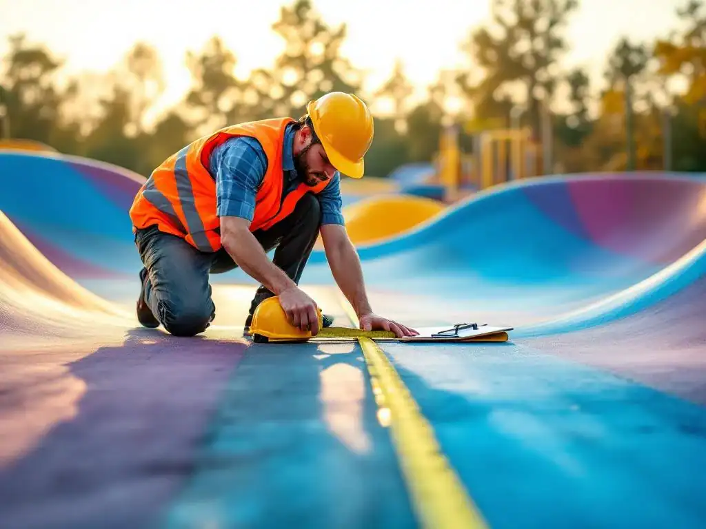 Bouwvakker in oranje veiligheidsvest inspecteert kleurrijke betonnen pumptrack met meetlint, helm en klembord naast hem