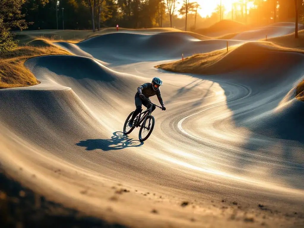 Fietser met beschermende uitrusting navigeert bochtige pumptrack met gladde asfaltbermen in gouden namiddaglicht