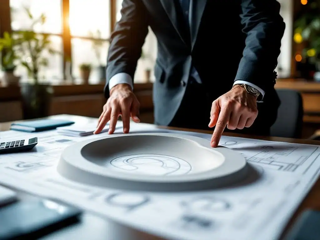 Gemeenteambtenaar bestudeert architecturale plannen voor moderne pumptrack met schaalmodel op conferentietafel