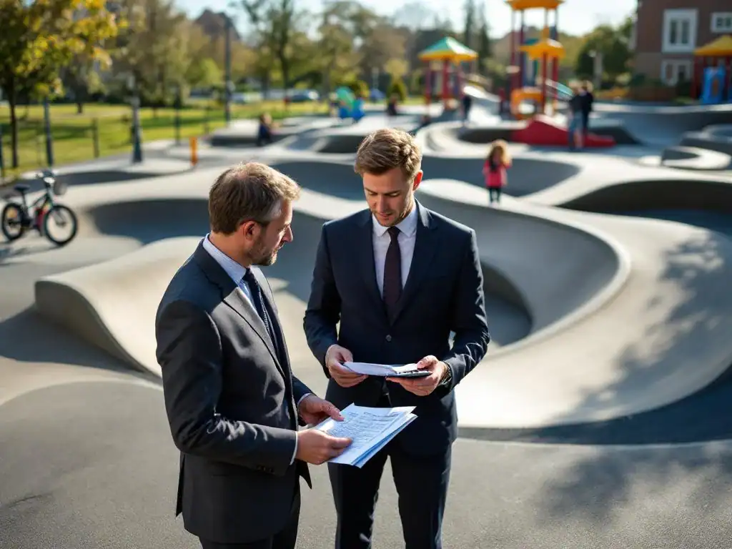 Gemeenteambtenaar in pak bekijkt subsidiedocumenten bij moderne pumptrack speelplaats met gekleurde veiligheidselementen