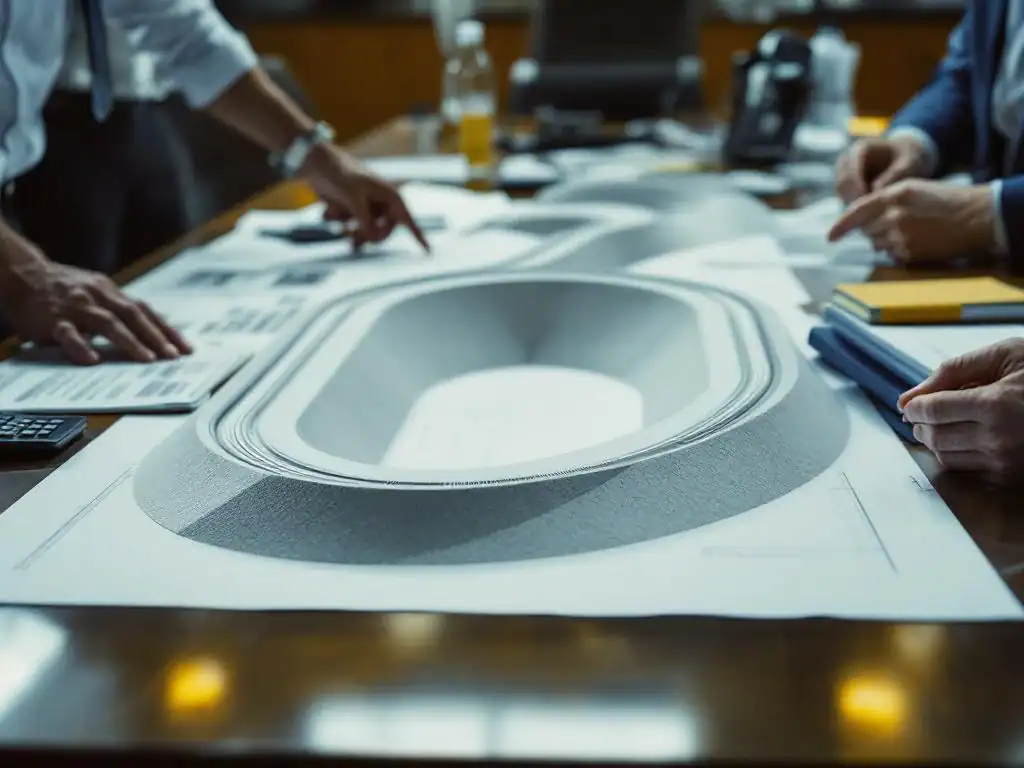 Stadsambtenaren bespreken pomptrackontwikkeling met architecturale plannen en schaalmodel in gemeentelijke vergaderruimte