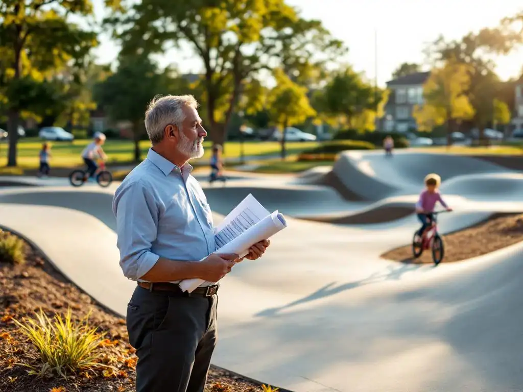 Gemeentelijke planningsambtenaar observeert kinderen op moderne pumptrack in suburbiaal park met bouwplannen in hand