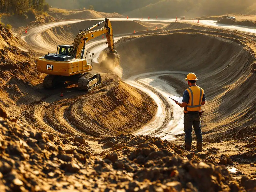 Graafmachine vormt gebogen heuvels voor pumptrack constructie, supervisor met bouwhelm bekijkt plannen, oranje kegels markeren werkzone