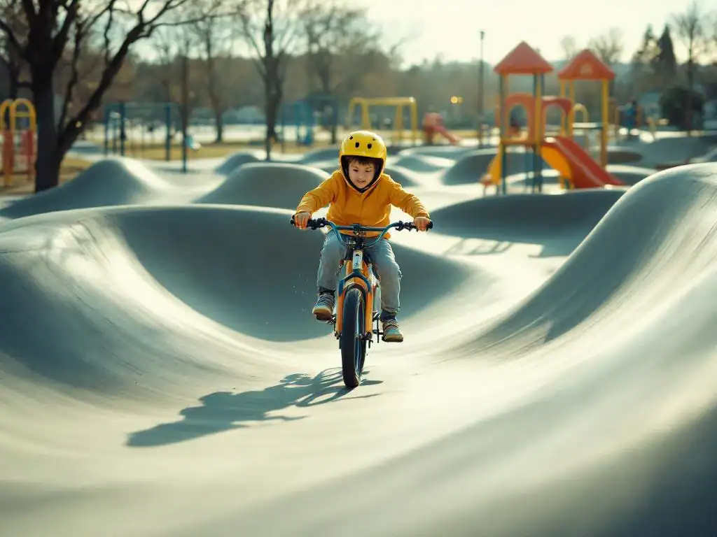 Kind fietst op kleurrijke fiets over betonnen pumptrack met gladde bochten, speeltuin met schommels op achtergrond