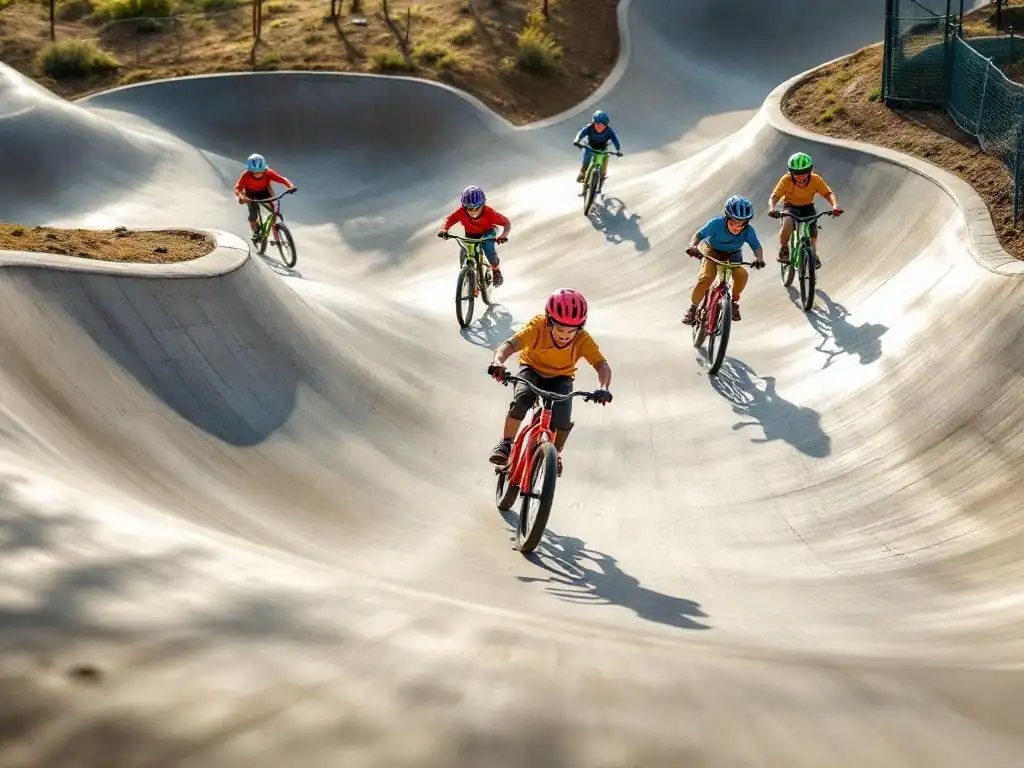 Kinderen racen met fietsen en steps door bochten van moderne betonnen pumptrack in felle middagzon