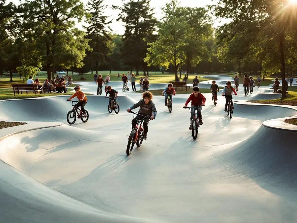 Diverse kinderen rijden vrolijk op fietsen en steps door moderne betonnen pumptrack in groen park bij zonsondergang