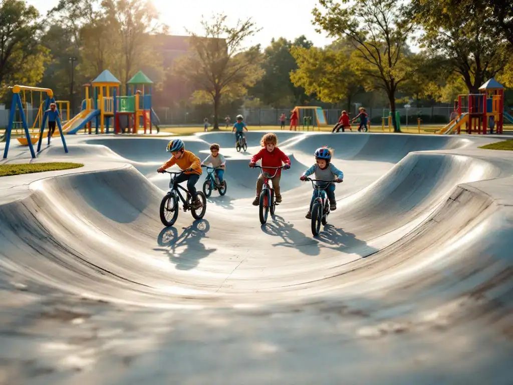 Kinderen fietsen en steppen op betonnen pumptrack met speeltoestellen op achtergrond in recreatiepark