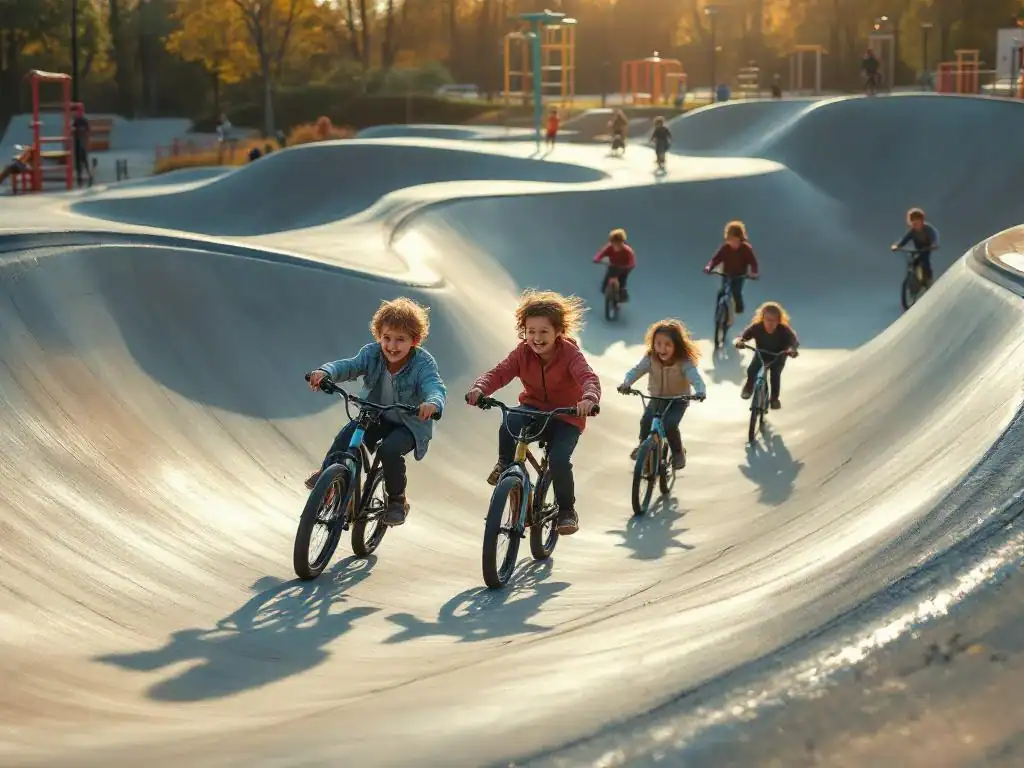Kinderen fietsen en steppen vrolijk op betonnen pumptrack met heuvels, moderne speeltuin op achtergrond in gouden zonlicht