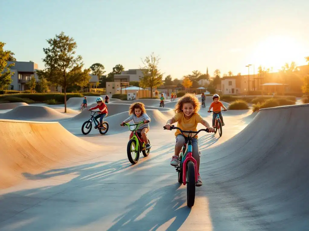 Kinderen rijden blij op kleurrijke fietsen en steps over moderne betonnen pumptrack in speeltuin tijdens gouden uur
