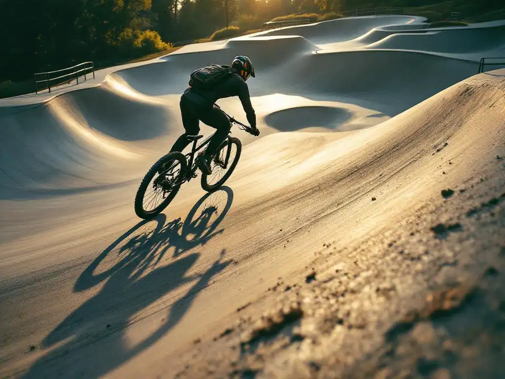 Mountainbiker rijdt door bochten op geasfalteerde pumptrack met betonnen skate bowls op achtergrond in gouden zonlicht