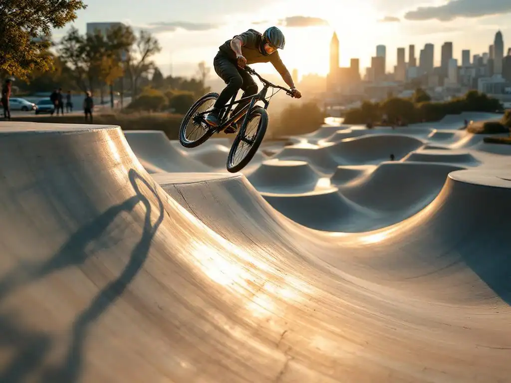 Jonge mountainbiker springt door de lucht op betonnen pumptrack met stedelijke skyline op achtergrond