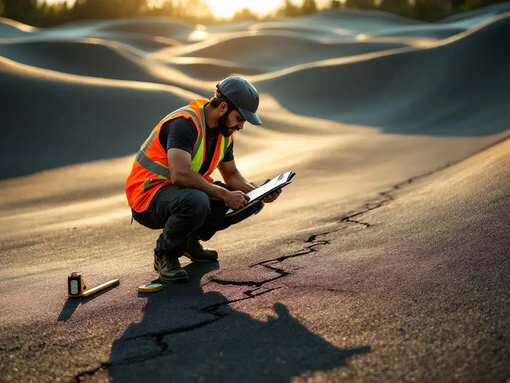Onderhoudsmonteur in reflecterend vest inspecteert scheuren in asfalt van pumptrack met klembord en gereedschap
