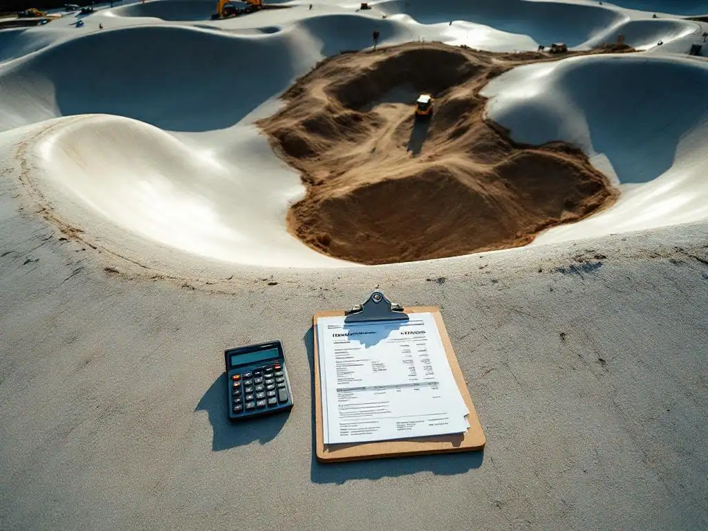Moderne betonnen pumptrack met rekenmachine en facturen op klembord, bouwapparatuur op achtergrond
