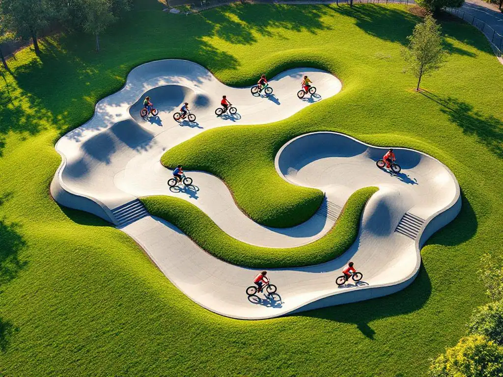Moderne pumptrack met betonnen bochten waar kinderen en tieners fietsen en steppen in een compacte buitenruimte