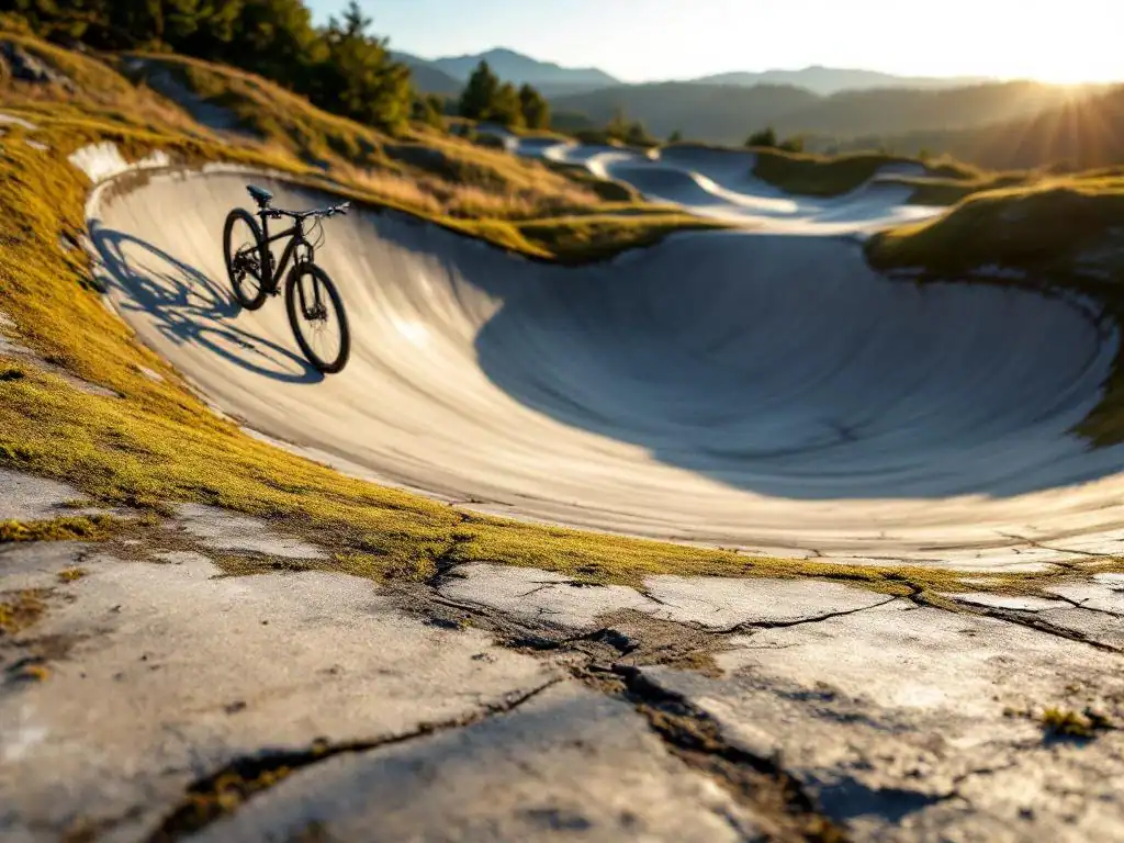 Verweerde betonnen pumptrack met mountainbike tegen gebogen wand, gouden namiddaglicht werpt schaduwen over golvend parcours