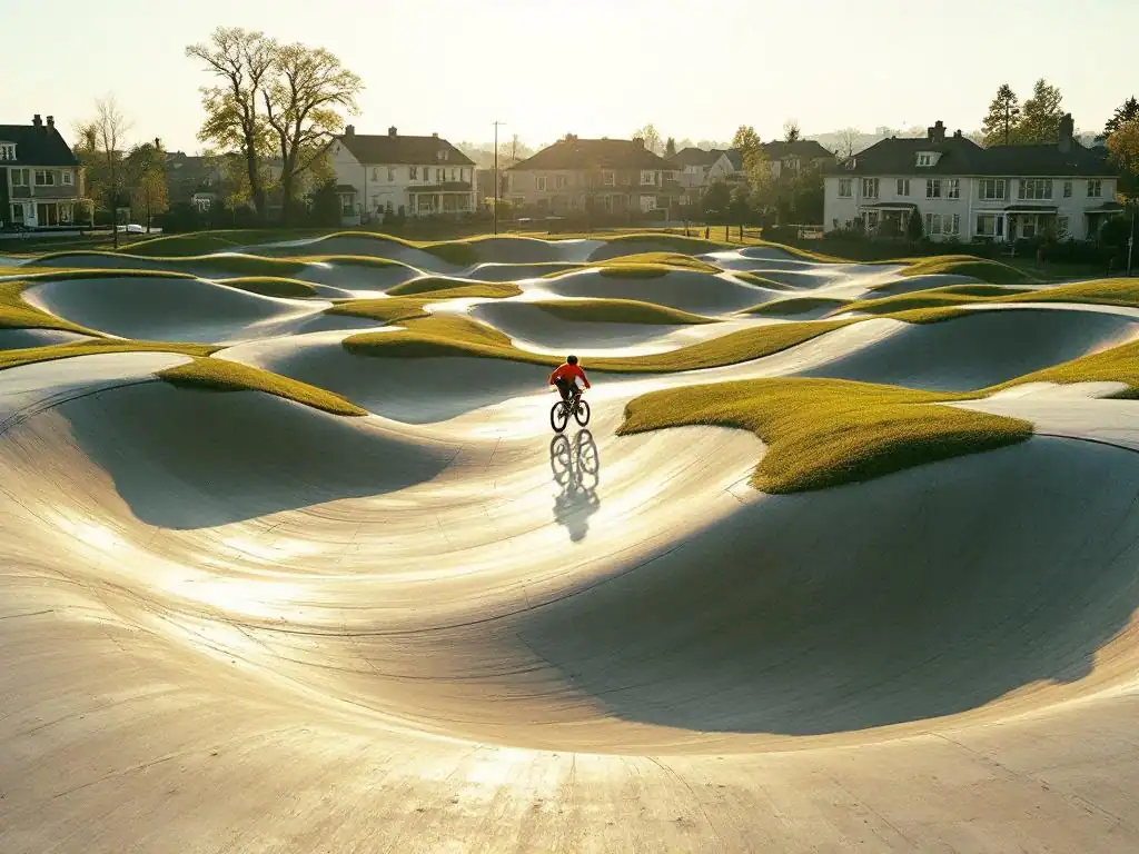 Fietser in felgekleurde kleding rijdt over moderne betonnen pumptrack met golvende bochten in gemeenschapspark