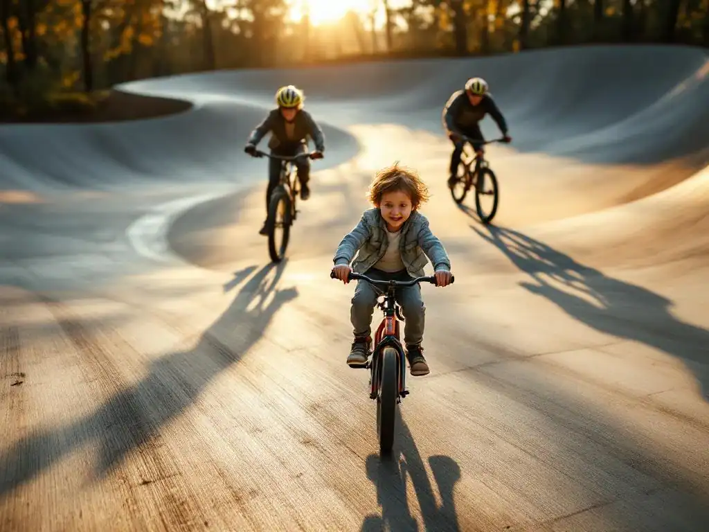Diverse groep fietsers van verschillende leeftijden rijdt samen op betonnen pumptrack tijdens gouden uurtje