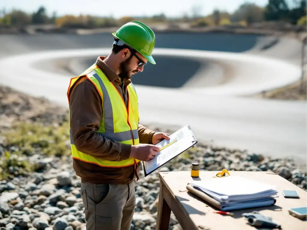Ingenieur in veiligheidsvest inspecteert betonnen pumptrack met meetlint en klembord, certificeringsdocumenten op tafel
