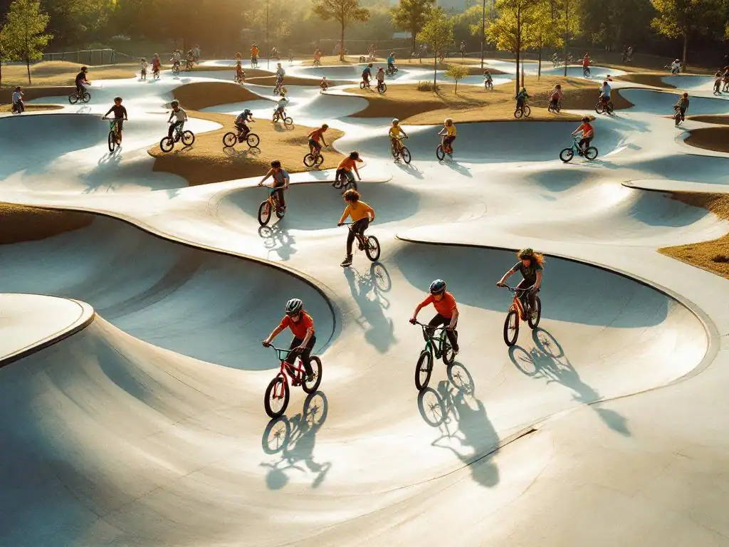 Diverse kinderen en tieners fietsen en steppen op moderne betonnen pumptrack met gebogen bochten en heuvels