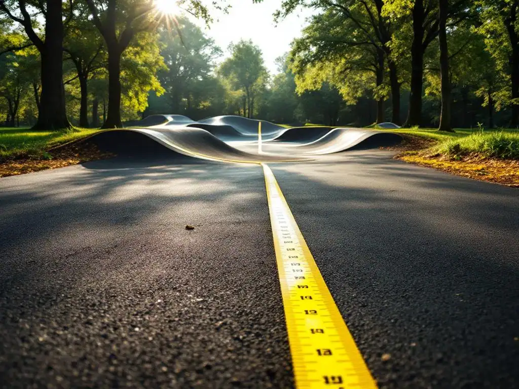 Meetlint uitgestrekt over gebogen asfalt pumptrack, landmeter meet afmetingen van de bochten in groen park