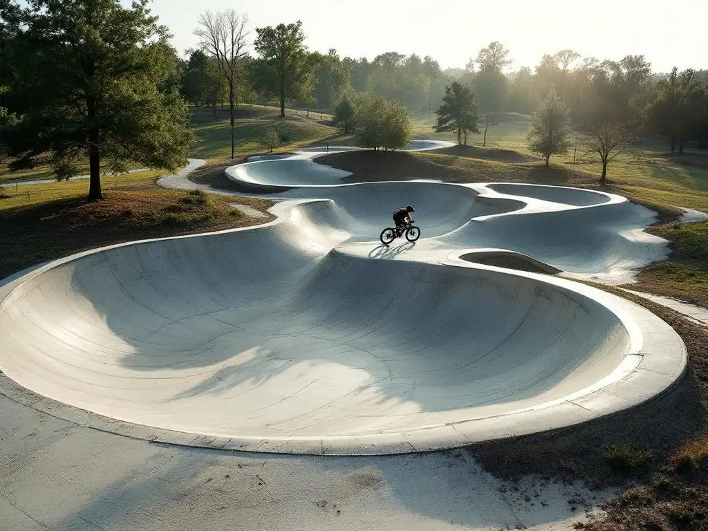 Mountainbiker rijdt over verweerde betonnen pumptrack met banked bochten, omringd door volgroeide bomen in gouden zonlicht