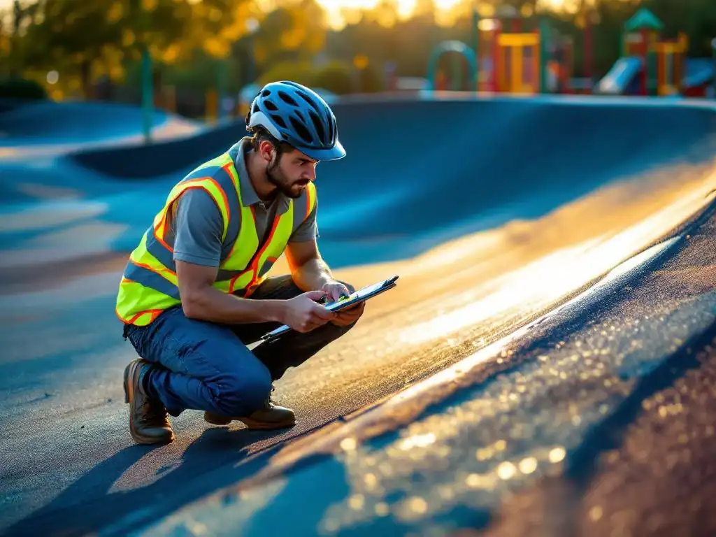Onderhoudsmedewerker in hesje inspecteert gekleurde pumptrack-bocht met klembord en meetgereedschap bij zonsondergang