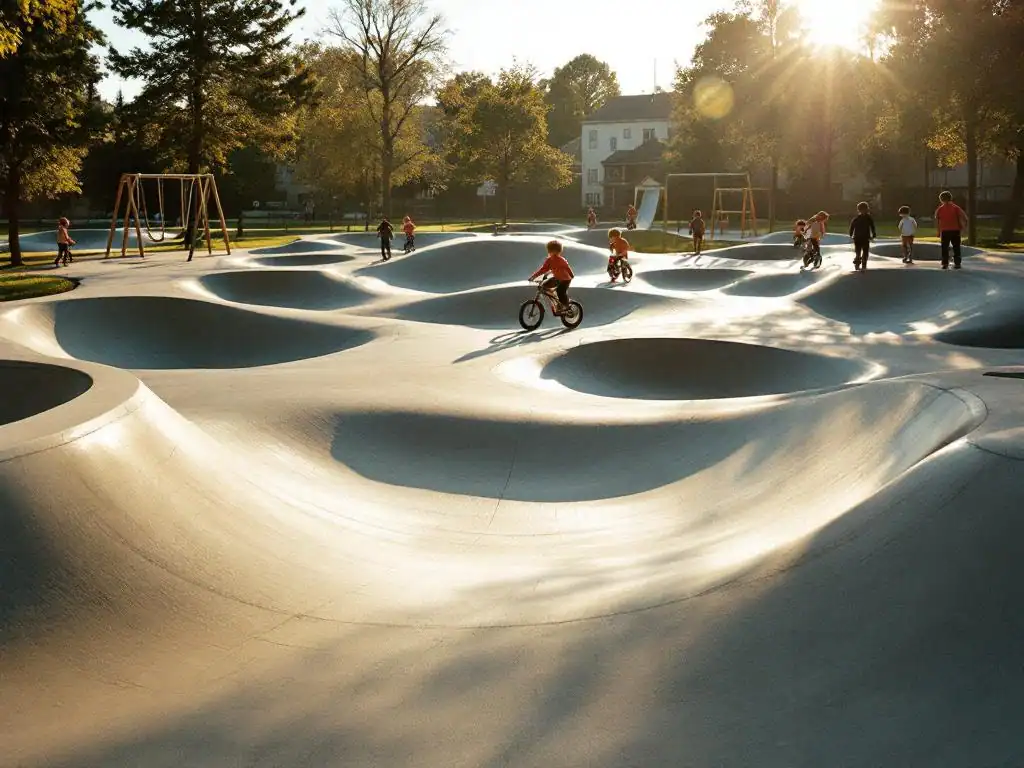 Kinderen fietsen en steppen op moderne betonnen pumptrack met traditioneel speeltoestel op achtergrond in gouden zonlicht
