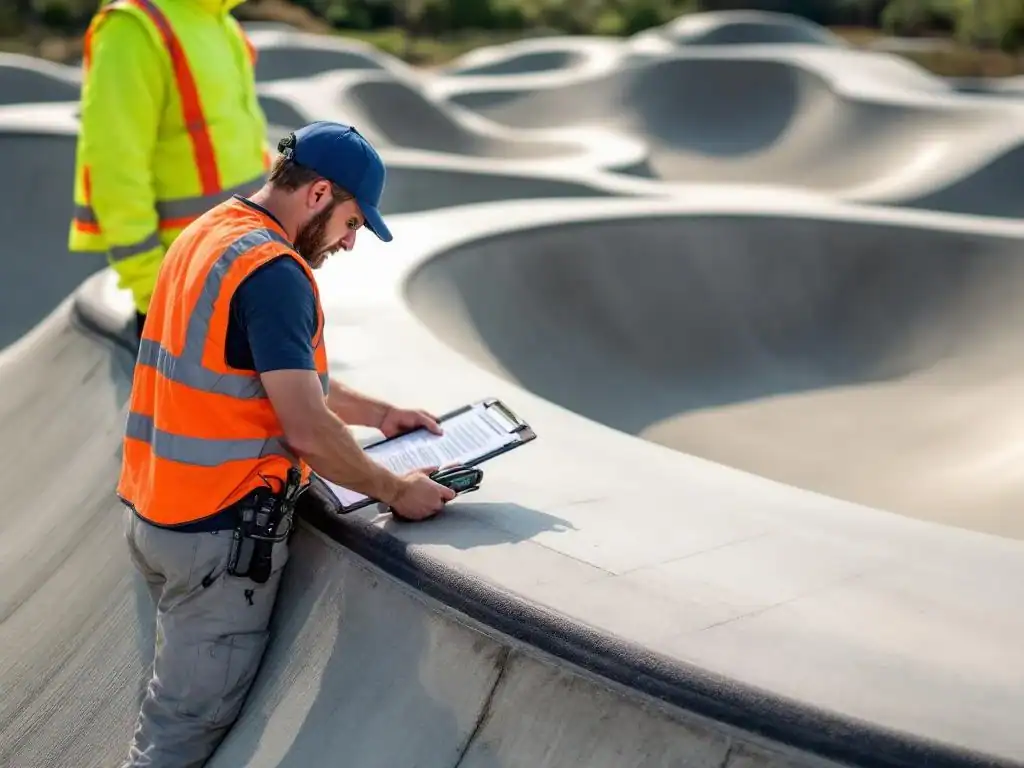 Veiligheidsinspecteur controleert betonnen pumptrack met digitaal meetapparaat, NEN-documentatie op klembord zichtbaar