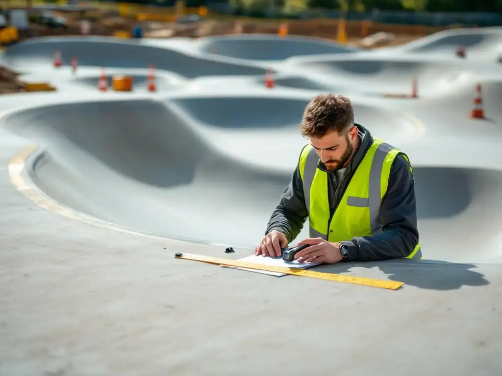 Veiligheidsinspecteur in hesje controleert betonnen pumptrack met meetapparatuur en certificatieklembord