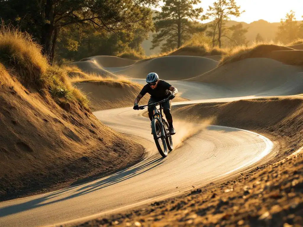 Mountainbiker navigeert bocht op pumptrack tijdens gouden uur, leunend in curve op glad asfalt met aarden bermen