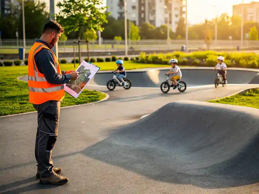 Gemeentemedewerker in veiligheidsvest bekijkt landschapsplannen naast een nieuwe asfalt pumptrack, kinderen op loopfietsen rijden op de achtergrond.