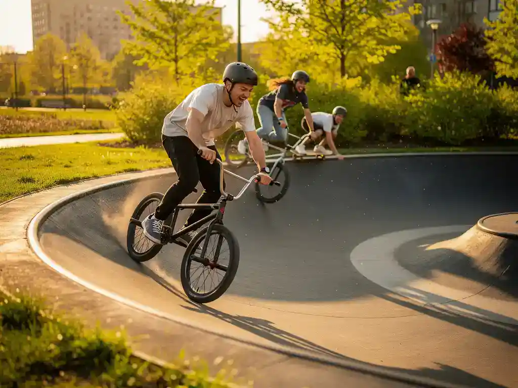 Jongeren lachen en racen op een pumptrack, één rijder op BMX-fiets in een bocht, ander op skateboard, gouden-uurlicht en stedelijk groen op achtergrond.