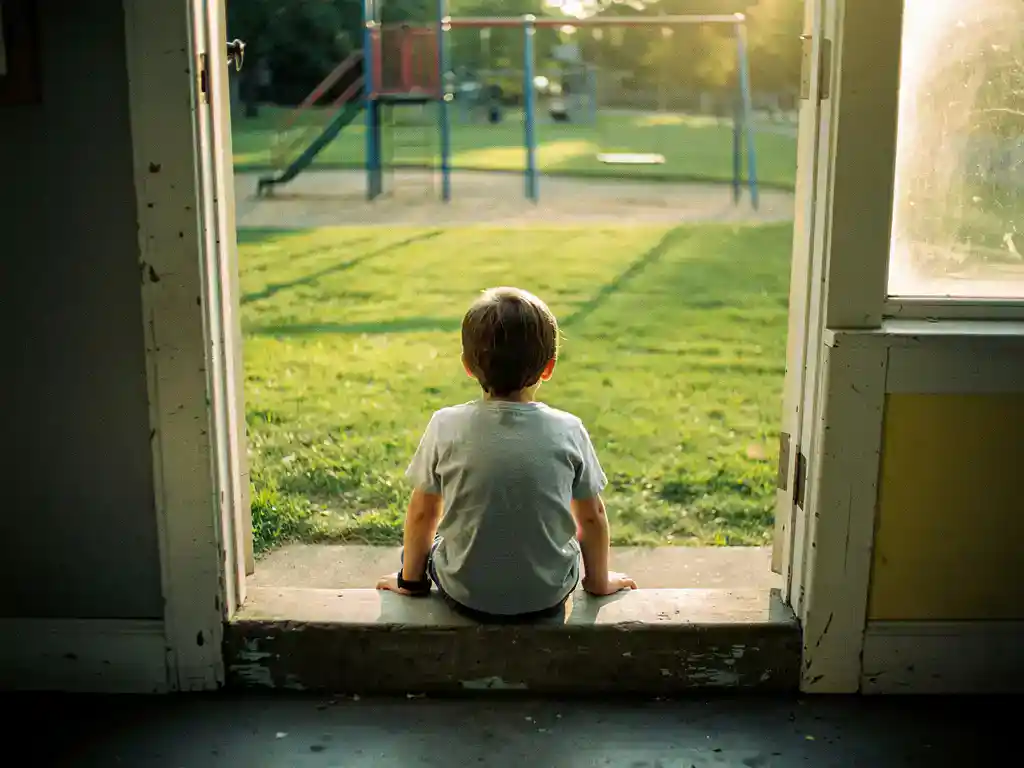 Kind zit alleen op een drempel en kijkt door een raam naar een verlaten speelplaats in zacht middaglicht.