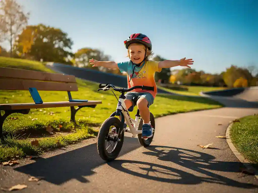 Kind op loopfiets rijdt juichend met gespreide armen over asfalt pump track, smartphone ongebruikt op bankje, gouden uurtje.
