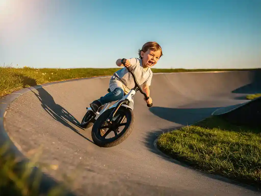 Jong kind op loopfiets in gebogen berm van asfalt pumptrack, leunend in de bocht onder blauwe lucht en goudkleurig middaglicht.