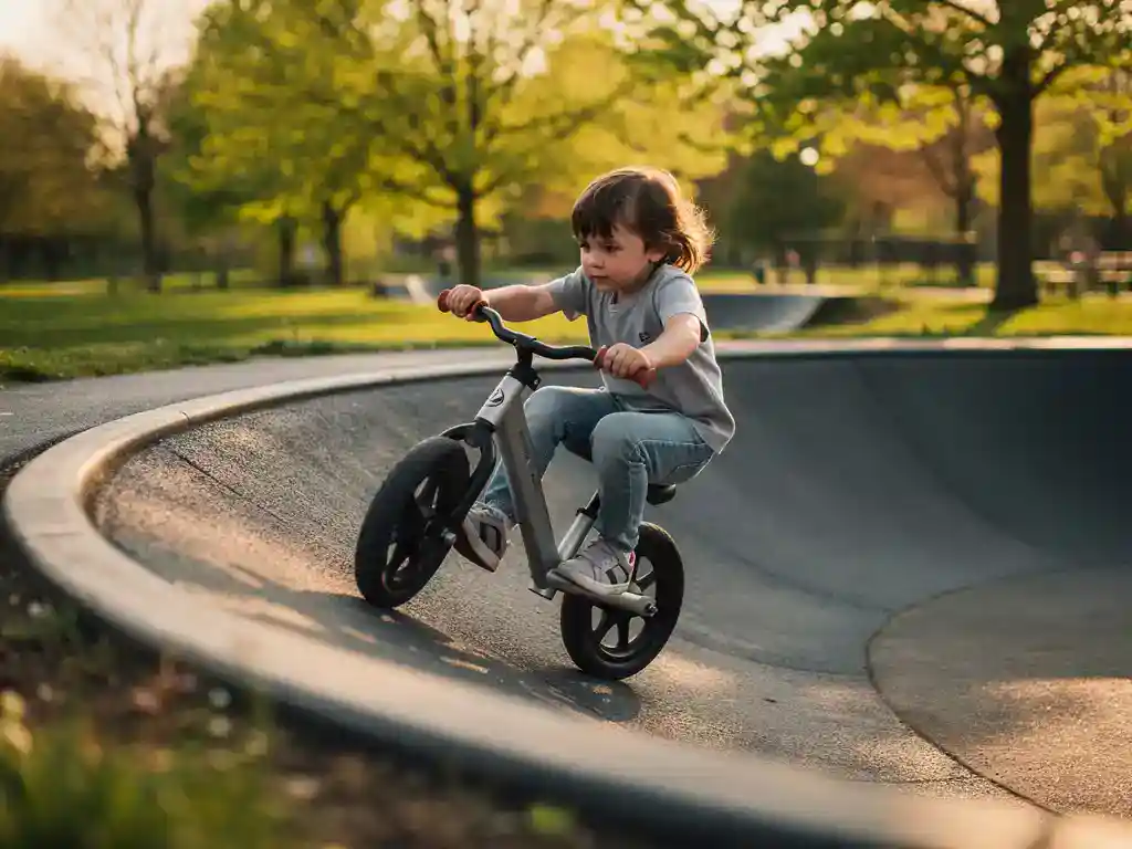 Kind op loopfiets navigeert een bocht op een pumptrack, knieën gebogen, armen gespreid voor balans, omgeven door groen park in middagzon.