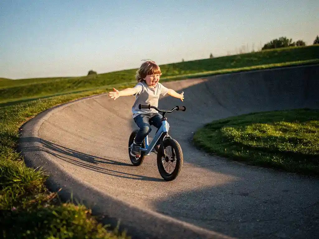 Jong kind op loopfiets in bocht van asfalt pumptrack, armen wijd van plezier, omgeven door groen gras en blauwe lucht.