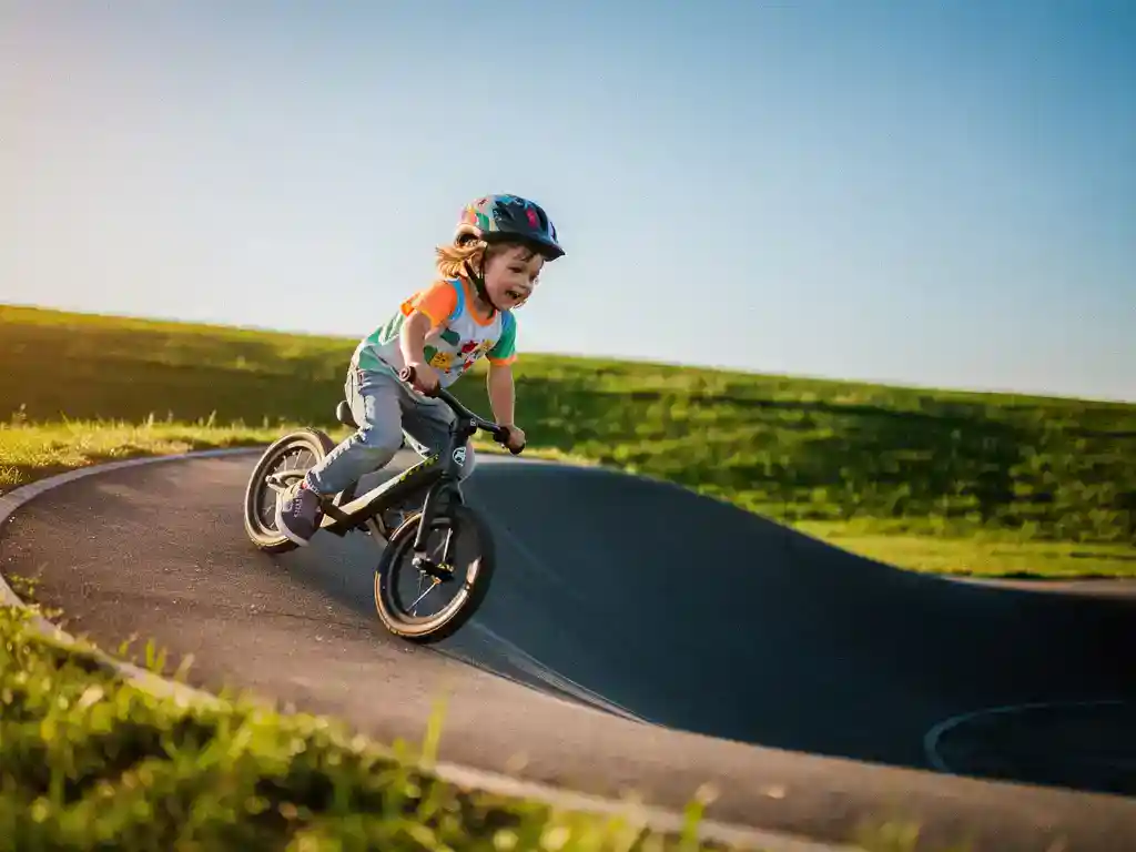Ein kleines Kind auf einem Laufrad auf einer asphaltierten Pumptrack-Bahn, in eine Kurve gelehnt, umgeben von grünem Gras und blauem Himmel.