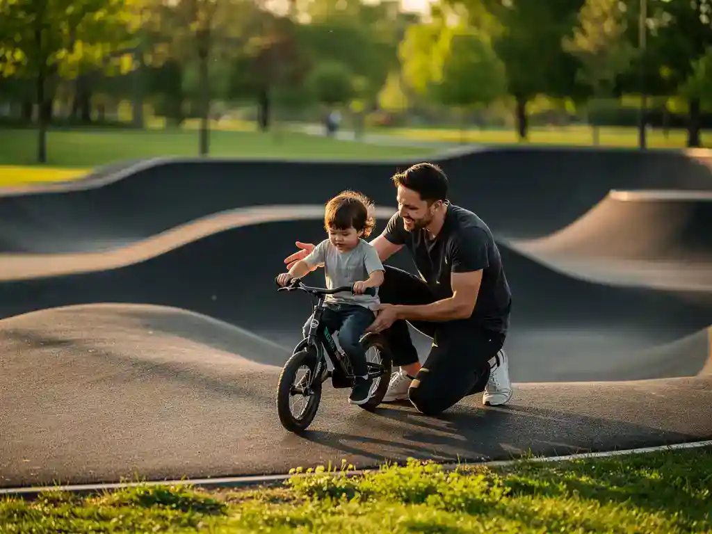 Ouder begeleidt peuter op loopfiets aan de rand van een asfalt pumptrack, gouden middaglicht en groene parkomgeving op de achtergrond.