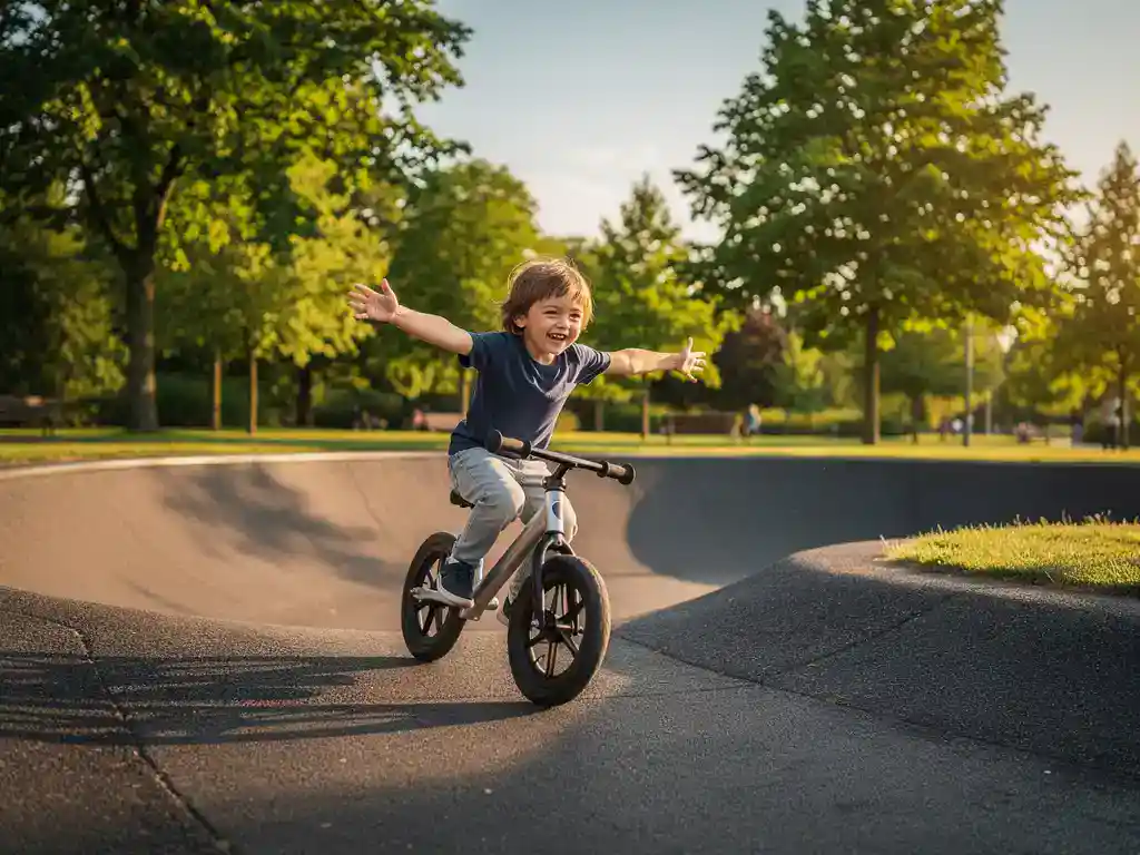 Jong kind op loopfiets in bocht van asfalt pumptrack in stadspark, armen wijd van plezier, gouden middagzon.