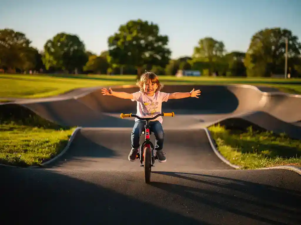 Kind op loopfiets rijdt met gespreide armen door een asfalt pumptrack, omgeven door groen gras en blauwe lucht.