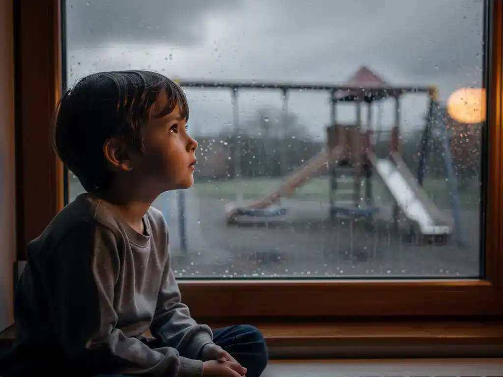 Kind kijkt door een beslagen raam naar een verlaten speeltuin buiten, zacht grijs daglicht, melancholische sfeer.