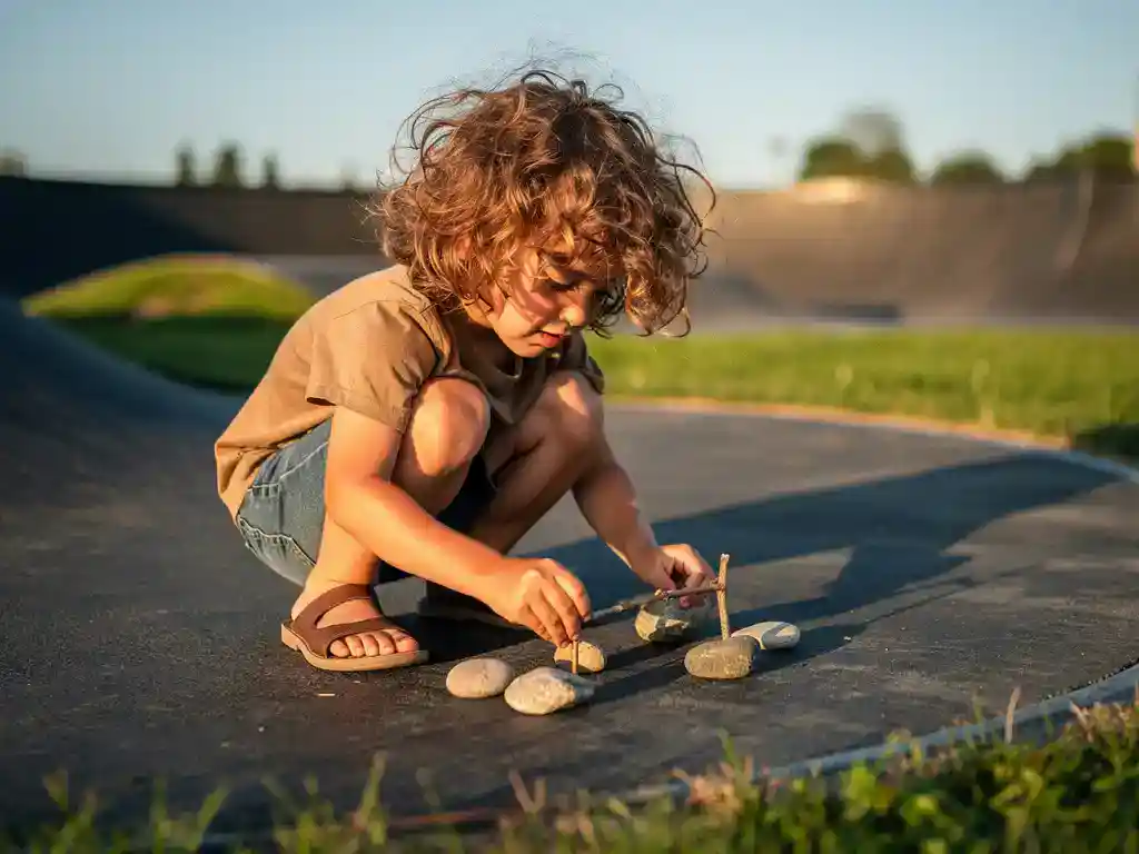 Ein Kind mit lockigem Haar baut auf einer asphaltierten Pumptrack-Bahn, umgeben von grünem Gras, einen Miniatur-Hindernisparcours aus Kieselsteinen und Zweigen.
