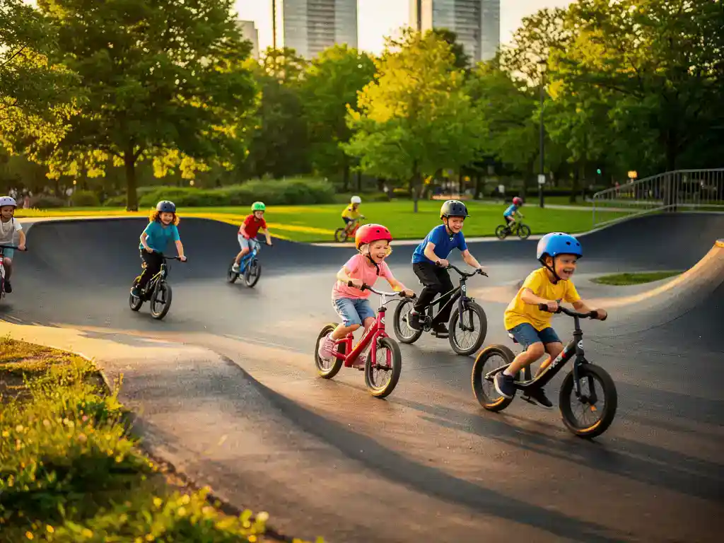 Kinderen op loopfietsen en steps rijden lachend door de bochten van een asfalt pumptrack in een stadspark tijdens het gouden uur.