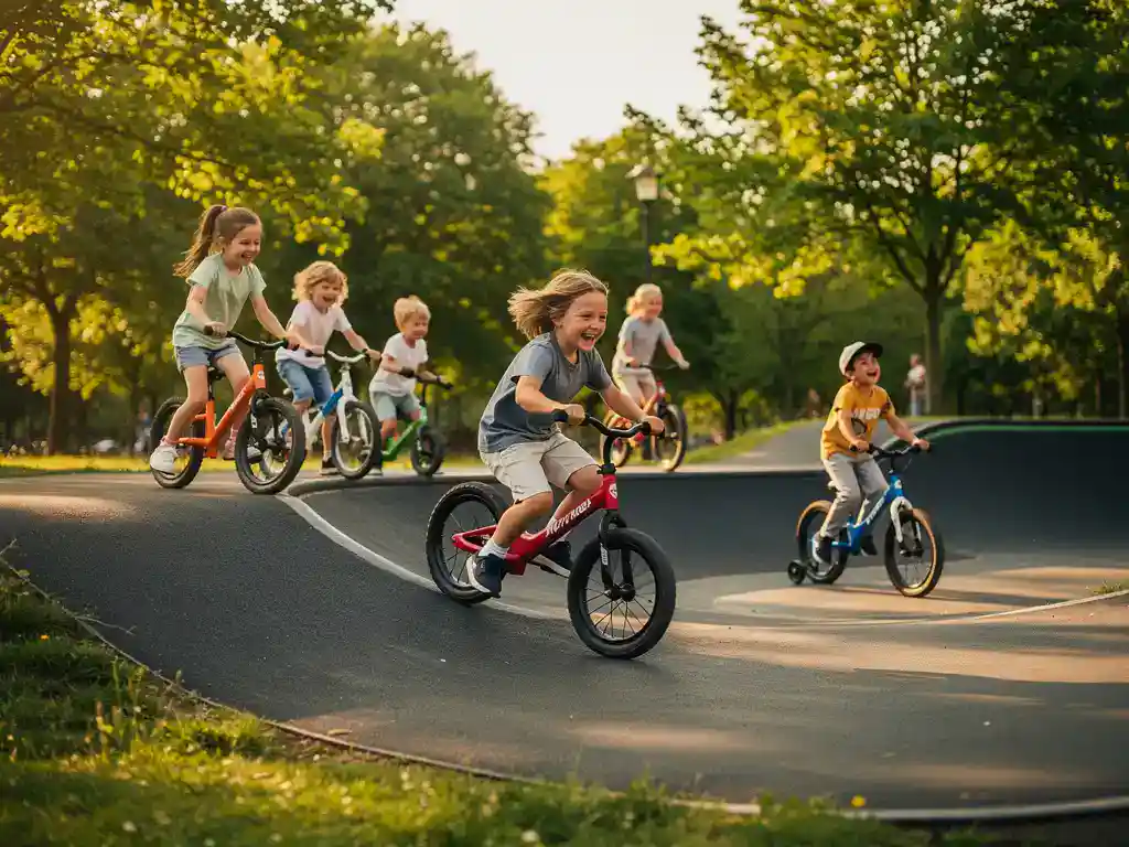 Ein Kind legt sich selbstbewusst auf einem Laufrad in eine Kurve auf einer Pumptrack-Anlage, umgeben von jubelnden Kindern in einem sonnigen Park.